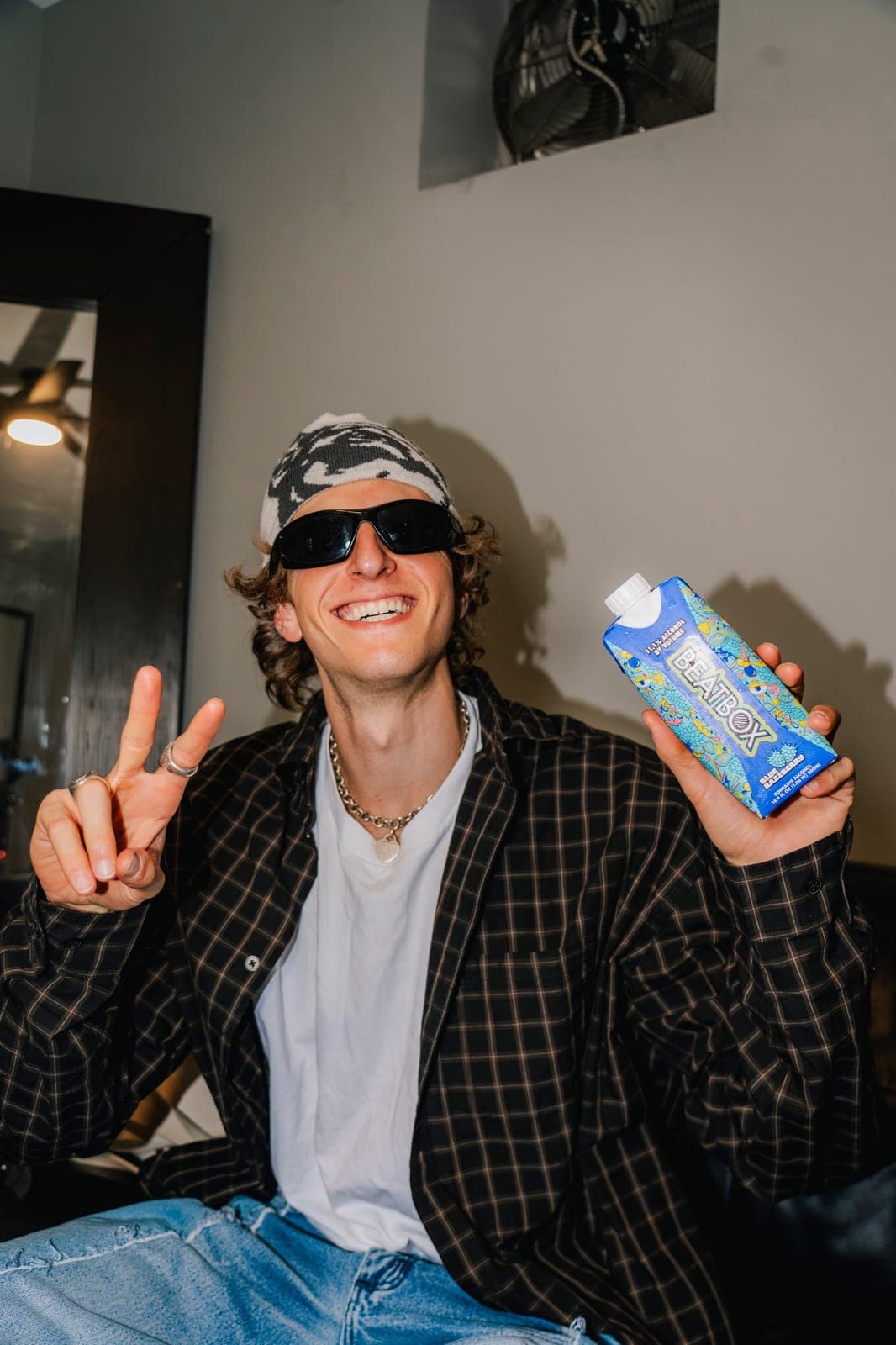 Student with a BeatBox in the green room at a sponsored event